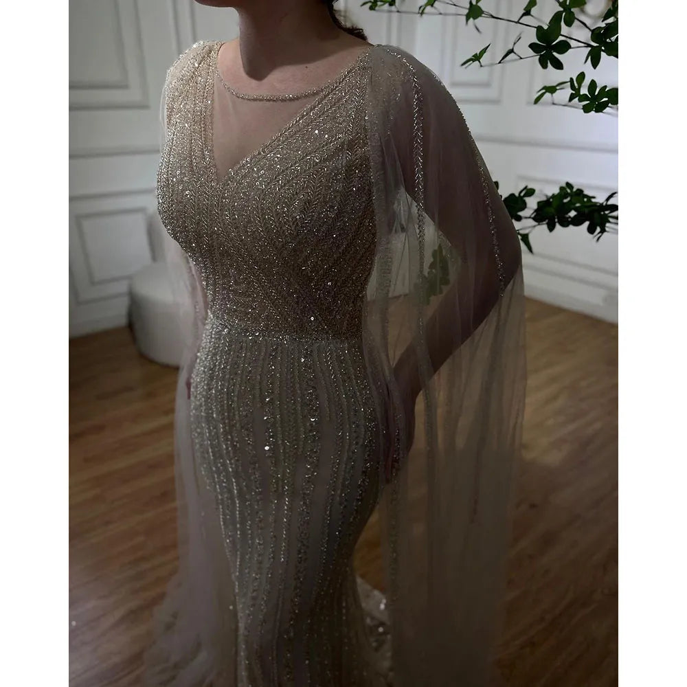 Serene Hill Blue Mermaid Elegant Cape Sleeves Beaded Arabic Long Evening Dresses Gowns For Women Wedding Party 2025 LA72173 - SERENE HILL