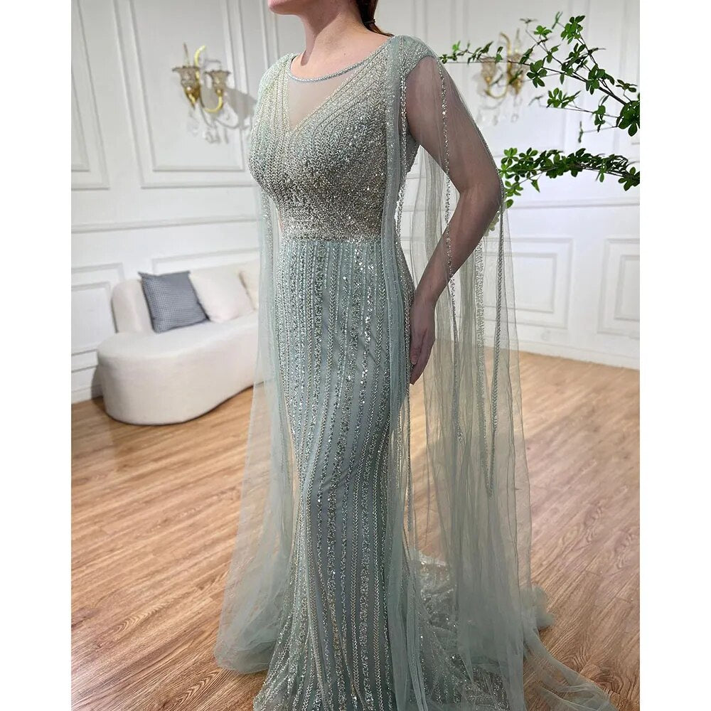 Serene Hill Blue Mermaid Elegant Cape Sleeves Beaded Arabic Long Evening Dresses Gowns For Women Wedding Party 2025 LA72173 - SERENE HILL