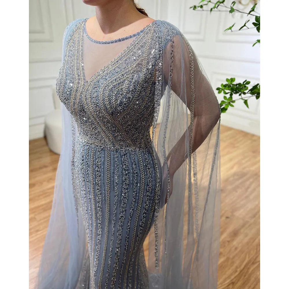Serene Hill Blue Mermaid Elegant Cape Sleeves Beaded Arabic Long Evening Dresses Gowns For Women Wedding Party 2025 LA72173 - SERENE HILL