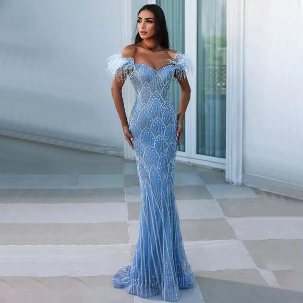 Blue Mermaid Luxury Feathers Evening Dresses for Wedding Party LA72028