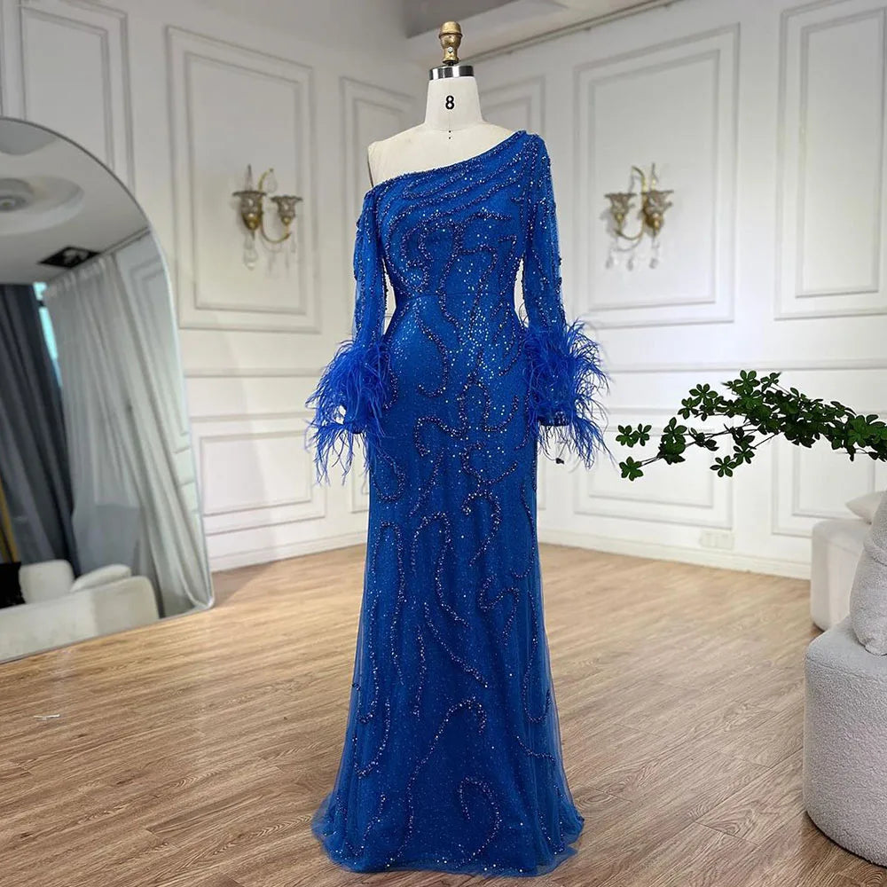 Royal Blue One-Shoulder Mermaid Evening Dress with Beads &amp; Feathers LA72395 - SERENE HILL