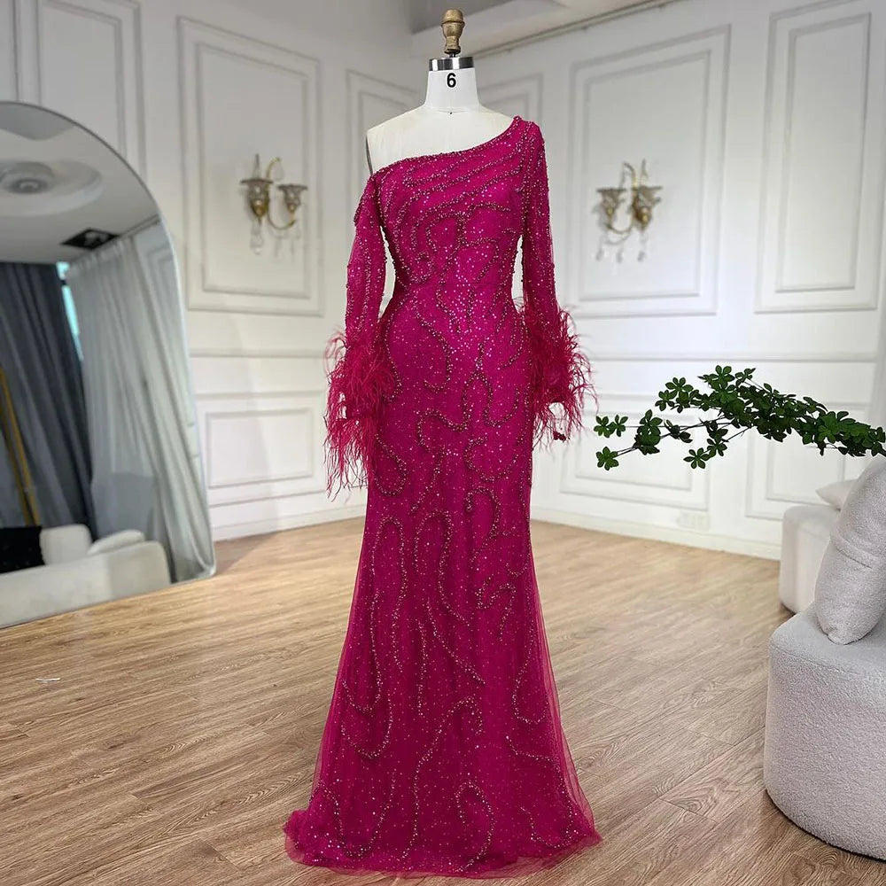 Royal Blue One-Shoulder Mermaid Evening Dress with Beads &amp; Feathers LA72395 - SERENE HILL