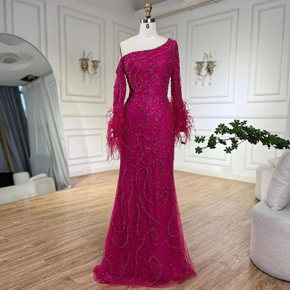 Royal Blue One-Shoulder Mermaid Evening Dress with Beads &amp; Feathers LA72395 - SERENE HILL