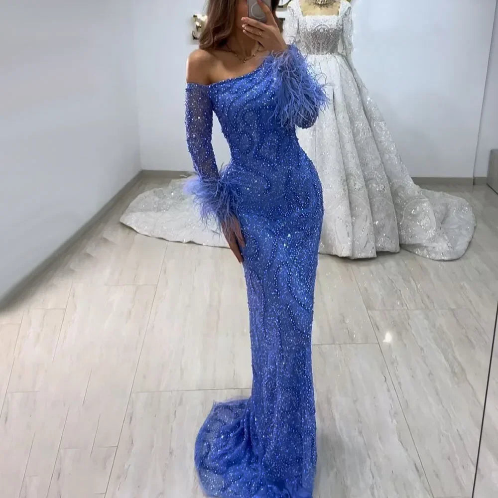 Royal Blue One-Shoulder Mermaid Evening Dress with Beads &amp; Feathers LA72395 - SERENE HILL