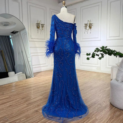 Royal Blue One-Shoulder Mermaid Evening Dress with Beads &amp; Feathers LA72395 - SERENE HILL
