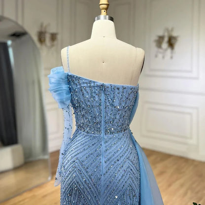 Serene Hill Blue Mermaid Elegant One Shoulder Evening Dresses Gowns Luxury Pearls Beaded For Women Wedding Party 2025 LA72244 - SERENE HILL