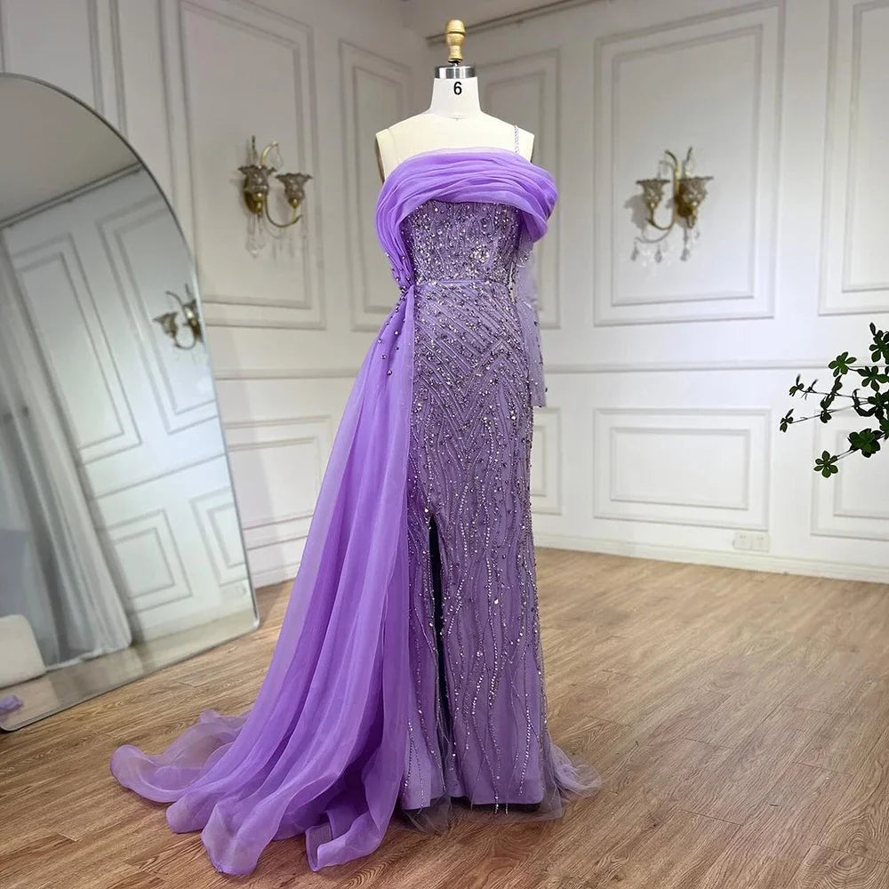 Serene Hill Blue Mermaid Elegant One Shoulder Evening Dresses Gowns Luxury Pearls Beaded For Women Wedding Party 2025 LA72244 - SERENE HILL