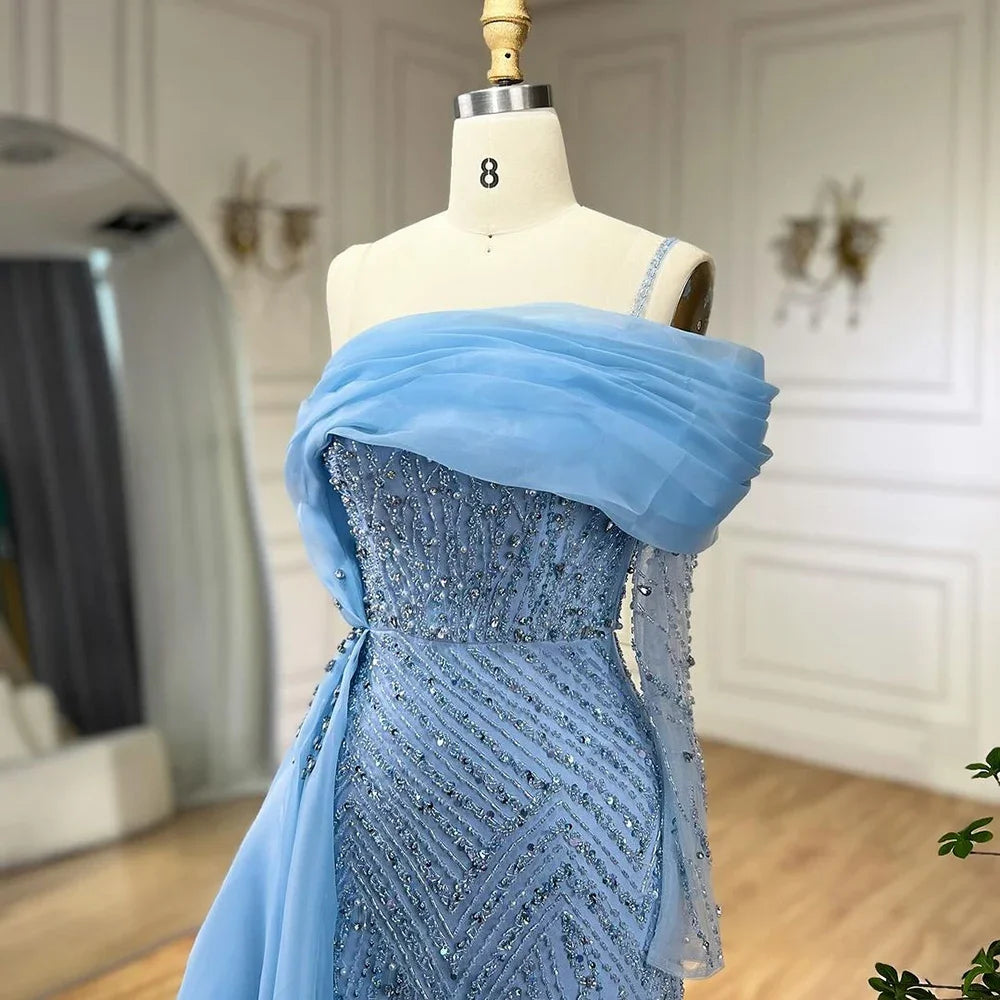 Serene Hill Blue Mermaid Elegant One Shoulder Evening Dresses Gowns Luxury Pearls Beaded For Women Wedding Party 2025 LA72244 - SERENE HILL