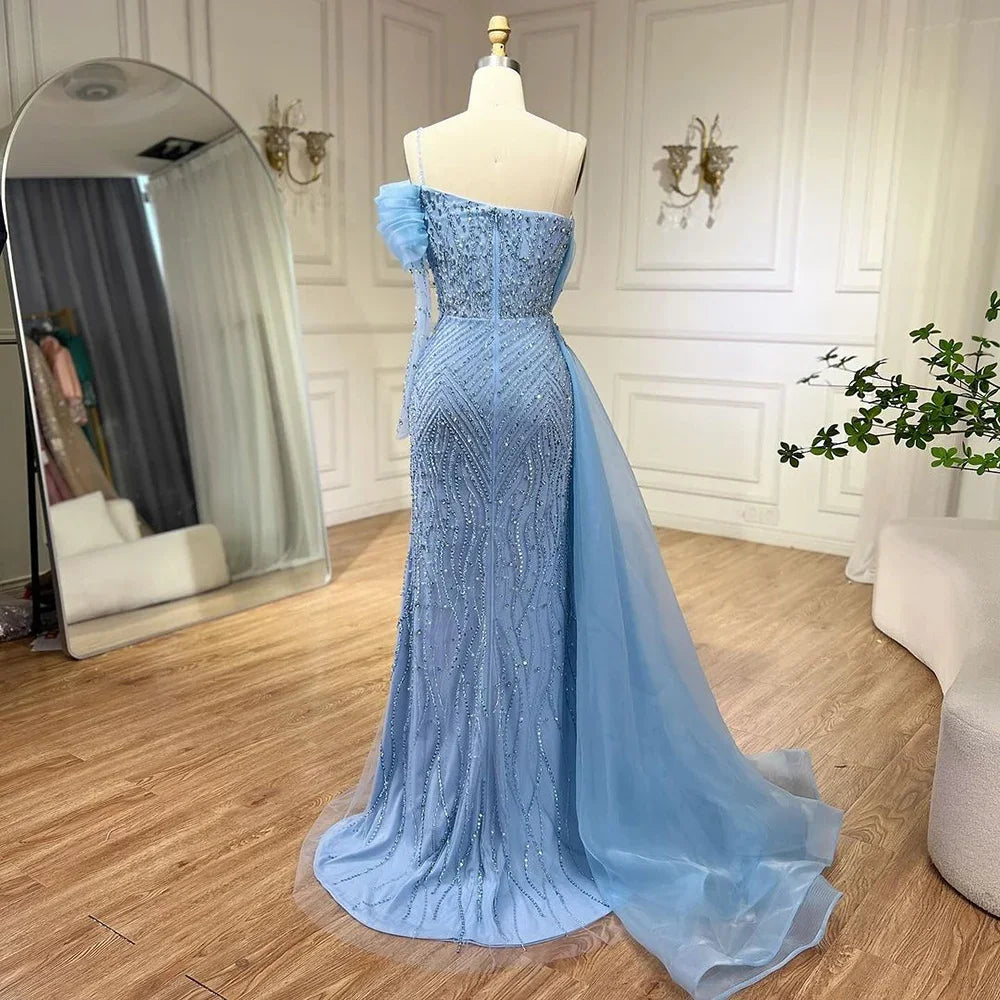 Serene Hill Blue Mermaid Elegant One Shoulder Evening Dresses Gowns Luxury Pearls Beaded For Women Wedding Party 2025 LA72244 - SERENE HILL