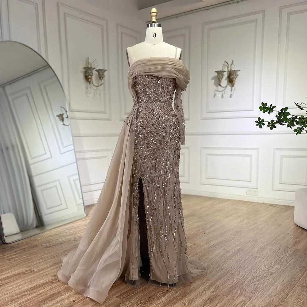 Serene Hill Blue Mermaid Elegant One Shoulder Evening Dresses Gowns Luxury Pearls Beaded For Women Wedding Party 2025 LA72244 - SERENE HILL