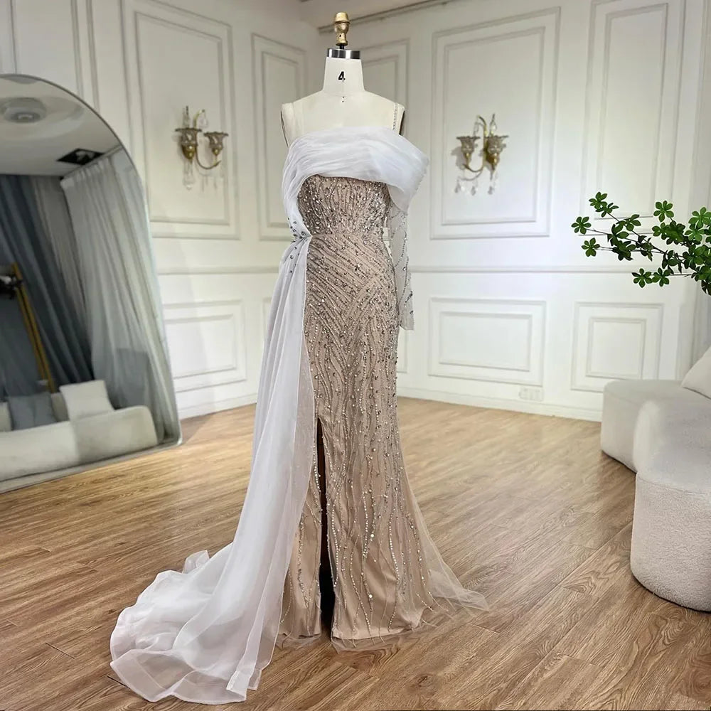 Serene Hill Blue Mermaid Elegant One Shoulder Evening Dresses Gowns Luxury Pearls Beaded For Women Wedding Party 2025 LA72244 - SERENE HILL