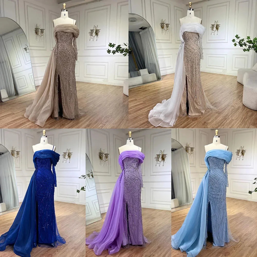 Serene Hill Blue Mermaid Elegant One Shoulder Evening Dresses Gowns Luxury Pearls Beaded For Women Wedding Party 2025 LA72244 - SERENE HILL