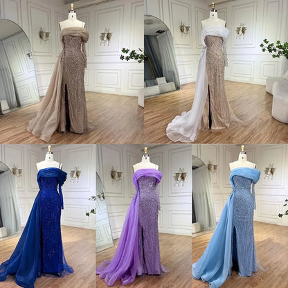 Serene Hill Blue Mermaid Elegant One Shoulder Evening Dresses Gowns Luxury Pearls Beaded For Women Wedding Party 2025 LA72244 - SERENE HILL