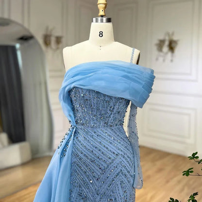 Serene Hill Blue Mermaid Elegant One Shoulder Evening Dresses Gowns Luxury Pearls Beaded For Women Wedding Party 2025 LA72244 - SERENE HILL