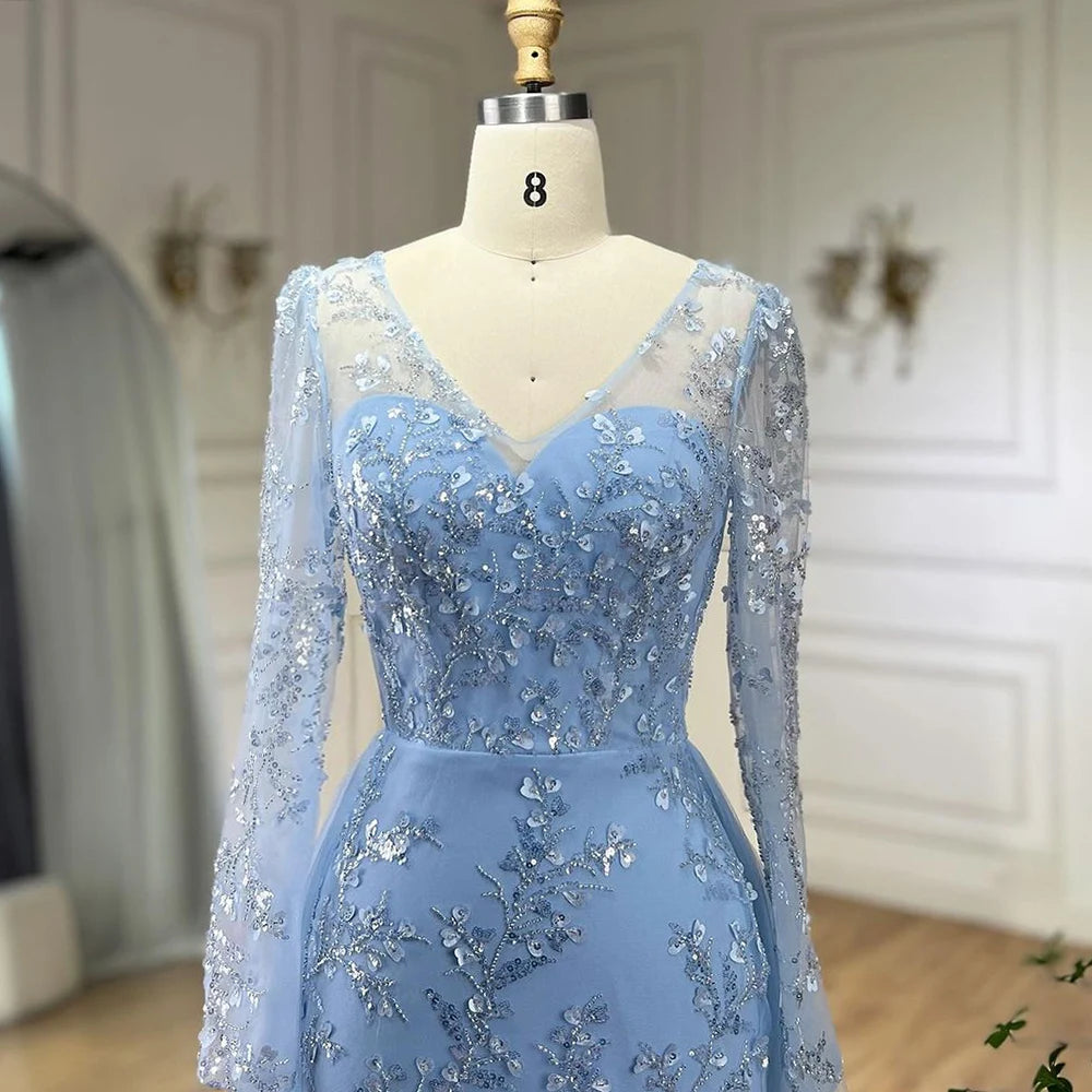 Serene Hill Blue Mermaid Elegant With Train Beaded Luxury Arabic Evening Dresses Gowns For Women Wedding Party 2025 LA71851 - SERENE HILL