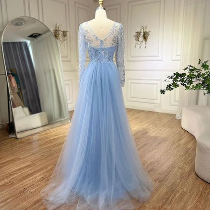 Serene Hill Blue Mermaid Elegant With Train Beaded Luxury Arabic Evening Dresses Gowns For Women Wedding Party 2025 LA71851 - SERENE HILL