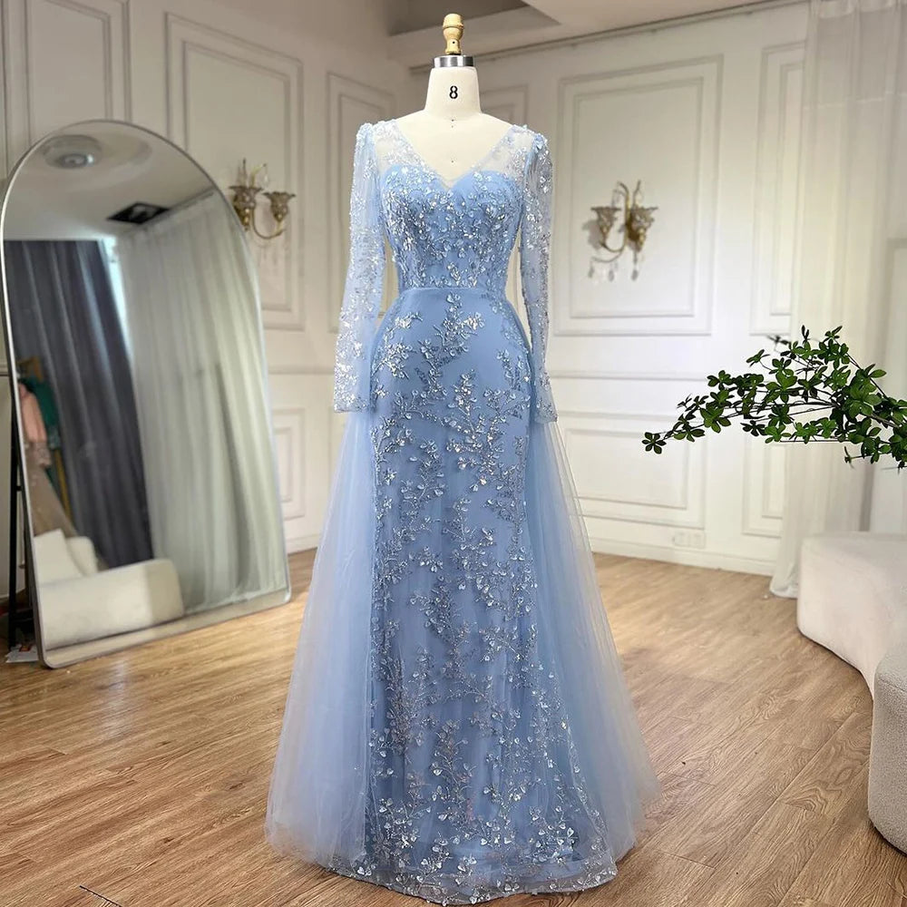 Serene Hill Blue Mermaid Elegant With Train Beaded Luxury Arabic Evening Dresses Gowns For Women Wedding Party 2025 LA71851 - SERENE HILL