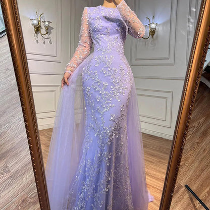 Serene Hill Blue Mermaid Elegant With Train Beaded Luxury Arabic Evening Dresses Gowns For Women Wedding Party 2025 LA71851 - SERENE HILL