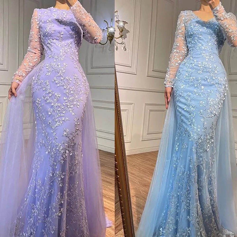 Serene Hill Blue Mermaid Elegant With Train Beaded Luxury Arabic Evening Dresses Gowns For Women Wedding Party 2025 LA71851 - SERENE HILL