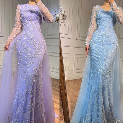 Serene Hill Blue Mermaid Elegant With Train Beaded Luxury Arabic Evening Dresses Gowns For Women Wedding Party 2025 LA71851 - SERENE HILL