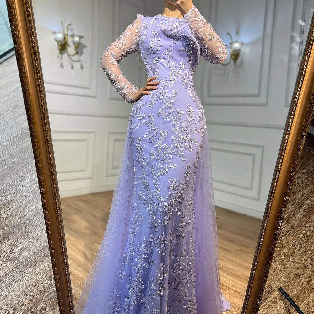 Serene Hill Blue Mermaid Elegant With Train Beaded Luxury Arabic Evening Dresses Gowns For Women Wedding Party 2025 LA71851 - SERENE HILL