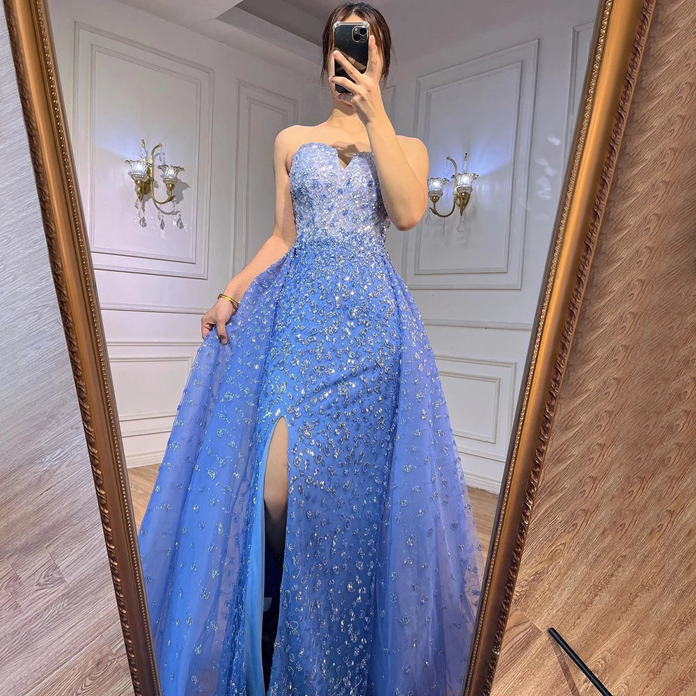 Serene Hill Blue Mermaid High Split With Skirt Sweetheart Beaded Party Dresses Formal Women Evening LA71796 - SERENE HILL