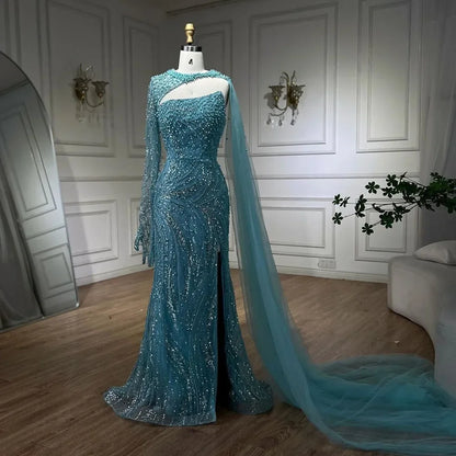 Luxury Kosovo Blue Mermaid Pearls Evening Dresses With Cape For Wedding Guest LA72268 - SERENE HILL
