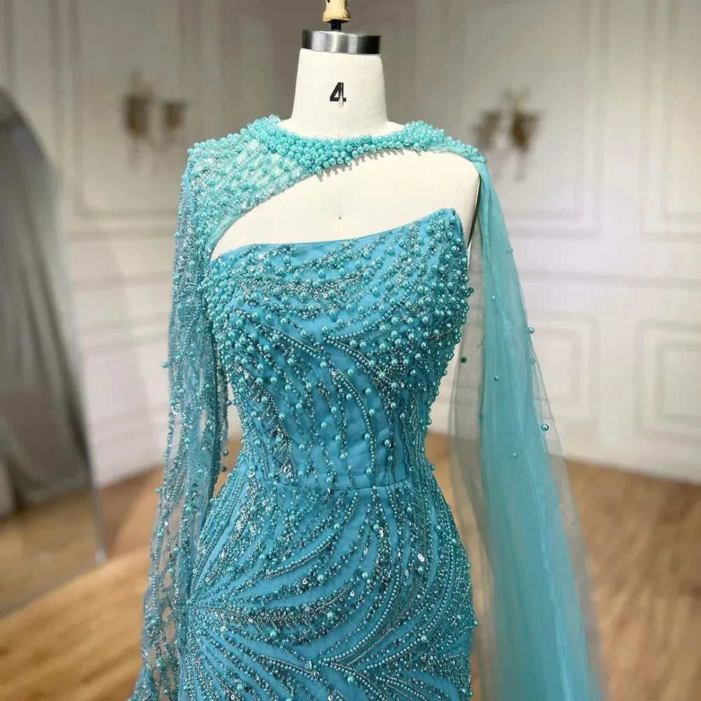 Luxury Kosovo Blue Mermaid Pearls Evening Dresses With Cape For Wedding Guest LA72268 - SERENE HILL