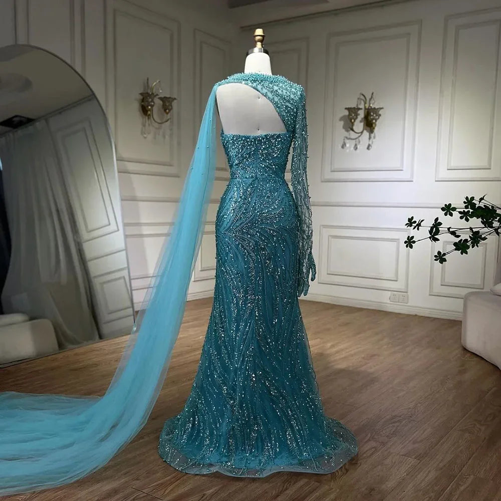 Luxury Kosovo Blue Mermaid Pearls Evening Dresses With Cape For Wedding Guest LA72268 - SERENE HILL