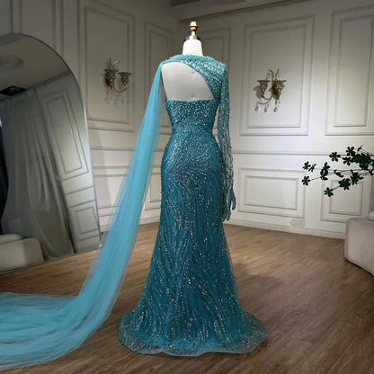 Luxury Kosovo Blue Mermaid Pearls Evening Dresses With Cape For Wedding Guest LA72268 - SERENE HILL