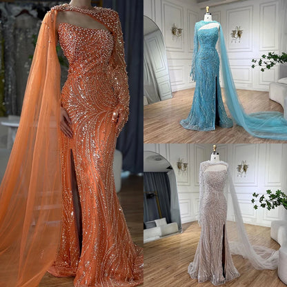 Luxury Kosovo Blue Mermaid Pearls Evening Dresses With Cape For Wedding Guest LA72268 - SERENE HILL
