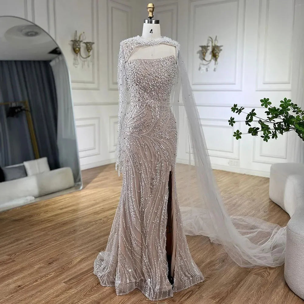 Luxury Kosovo Blue Mermaid Pearls Evening Dresses With Cape For Wedding Guest LA72268 - SERENE HILL