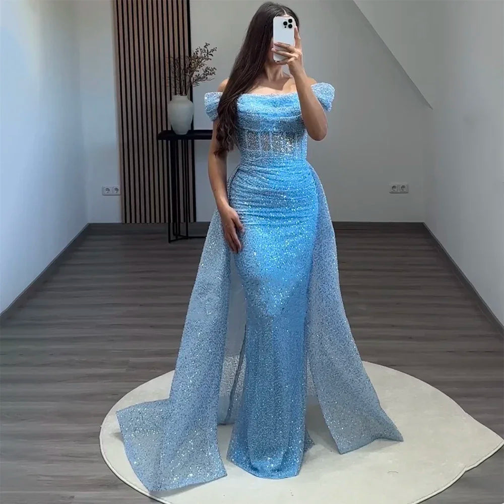 Serene Hill Blue Mermaid Off The Shoulder With Overskirt Beaded Sequined Evening Dresses Gowns For Women Party 2025 LA72204 - SERENE HILL