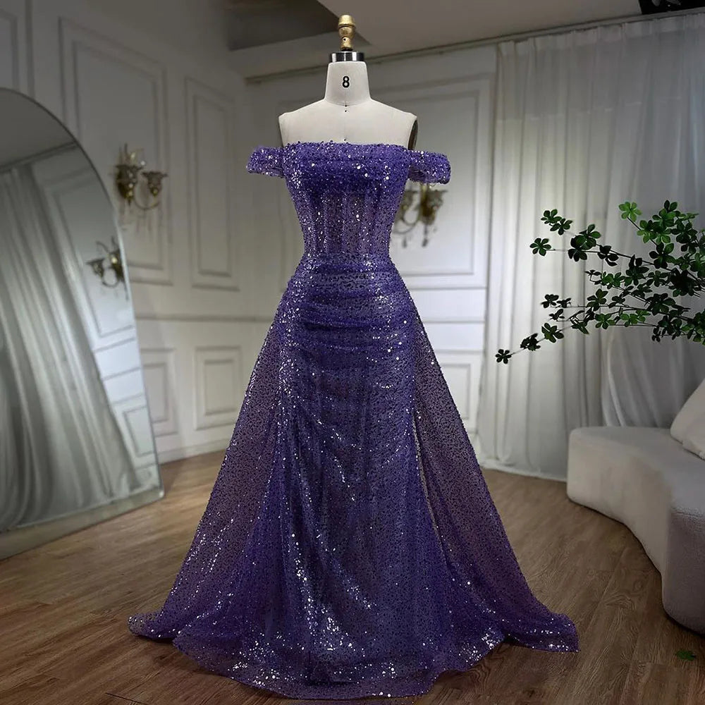 Serene Hill Blue Mermaid Off The Shoulder With Overskirt Beaded Sequined Evening Dresses Gowns For Women Party 2025 LA72204 - SERENE HILL