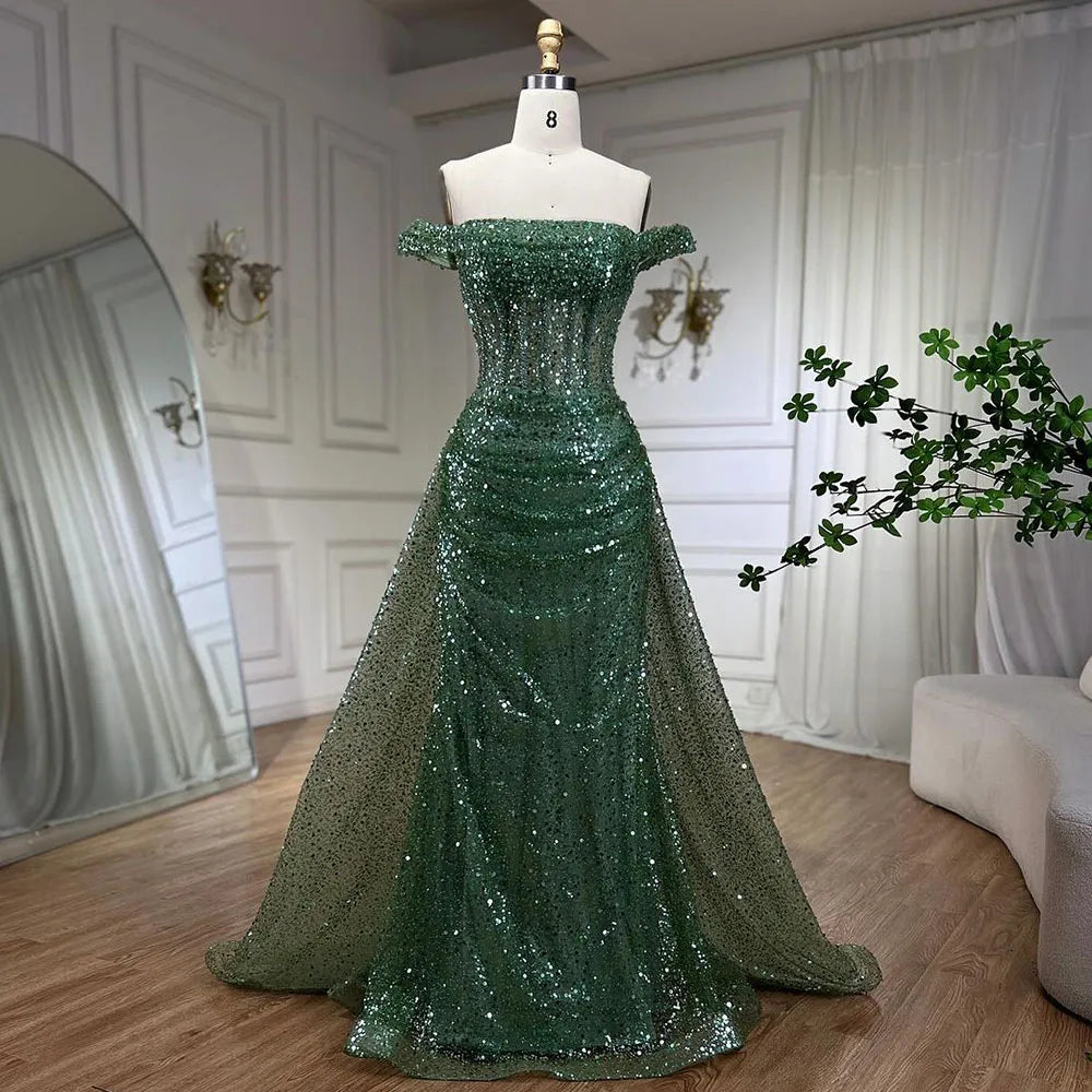 Serene Hill Blue Mermaid Off The Shoulder With Overskirt Beaded Sequined Evening Dresses Gowns For Women Party 2025 LA72204 - SERENE HILL