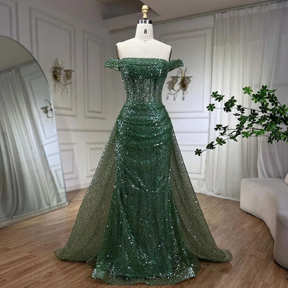 Serene Hill Blue Mermaid Off The Shoulder With Overskirt Beaded Sequined Evening Dresses Gowns For Women Party 2025 LA72204 - SERENE HILL