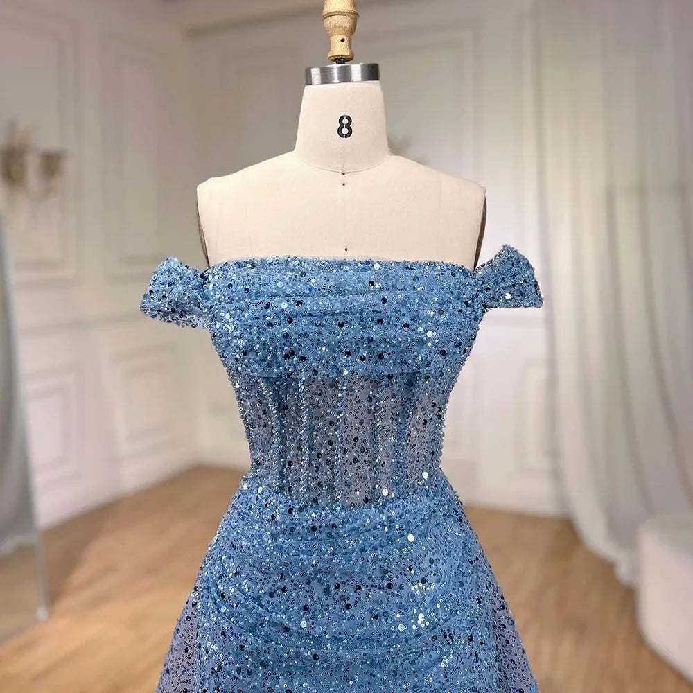 Serene Hill Blue Mermaid Off The Shoulder With Overskirt Beaded Sequined Evening Dresses Gowns For Women Party 2025 LA72204 - SERENE HILL