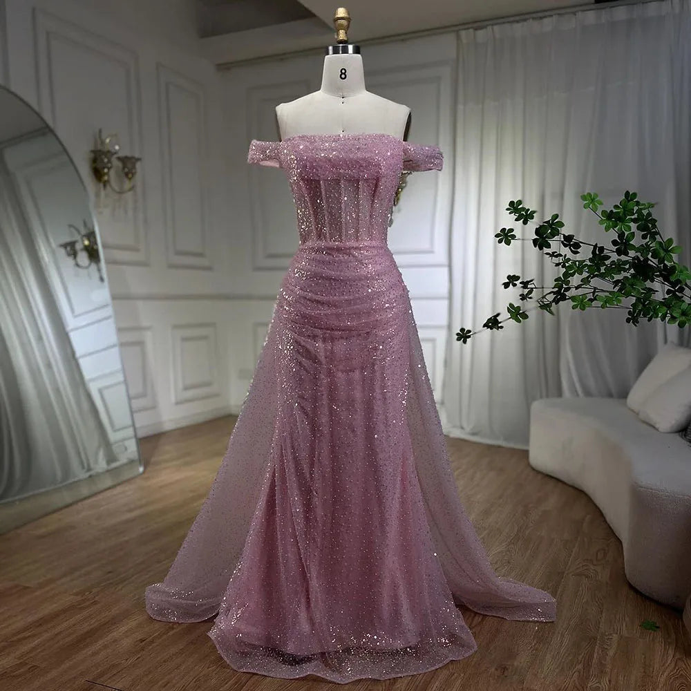 Serene Hill Blue Mermaid Off The Shoulder With Overskirt Beaded Sequined Evening Dresses Gowns For Women Party 2025 LA72204 - SERENE HILL