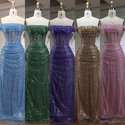 Serene Hill Blue Mermaid Off The Shoulder With Overskirt Beaded Sequined Evening Dresses Gowns For Women Party 2025 LA72204 - SERENE HILL