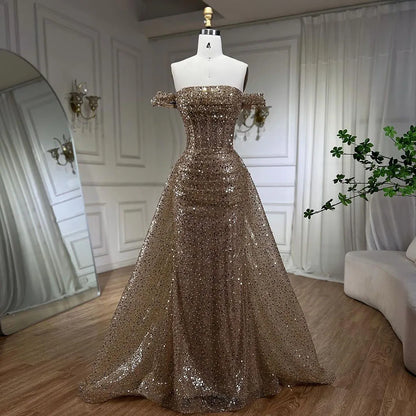 Serene Hill Blue Mermaid Off The Shoulder With Overskirt Beaded Sequined Evening Dresses Gowns For Women Party 2025 LA72204 - SERENE HILL