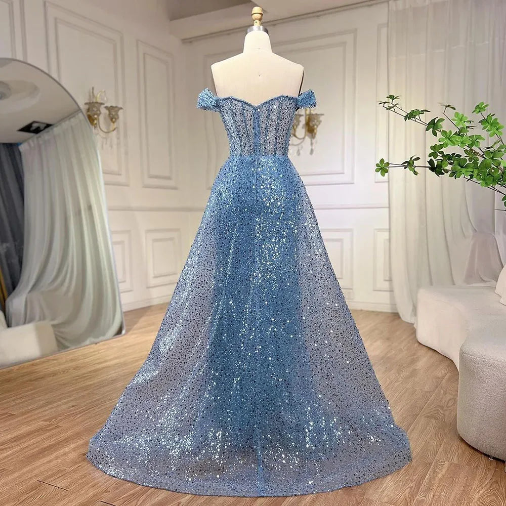 Serene Hill Blue Mermaid Off The Shoulder With Overskirt Beaded Sequined Evening Dresses Gowns For Women Party 2025 LA72204 - SERENE HILL