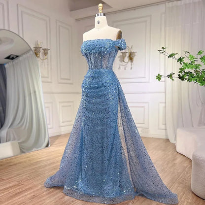 Serene Hill Blue Mermaid Off The Shoulder With Overskirt Beaded Sequined Evening Dresses Gowns For Women Party 2025 LA72204 - SERENE HILL