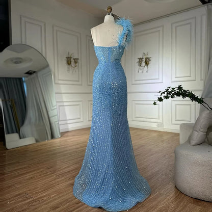 Luxury Dubai Blue Mermaid One Shoulder Beaded Evening Gown High Split and Feathers for Formal Occasion LA72347A - SERENE HILL