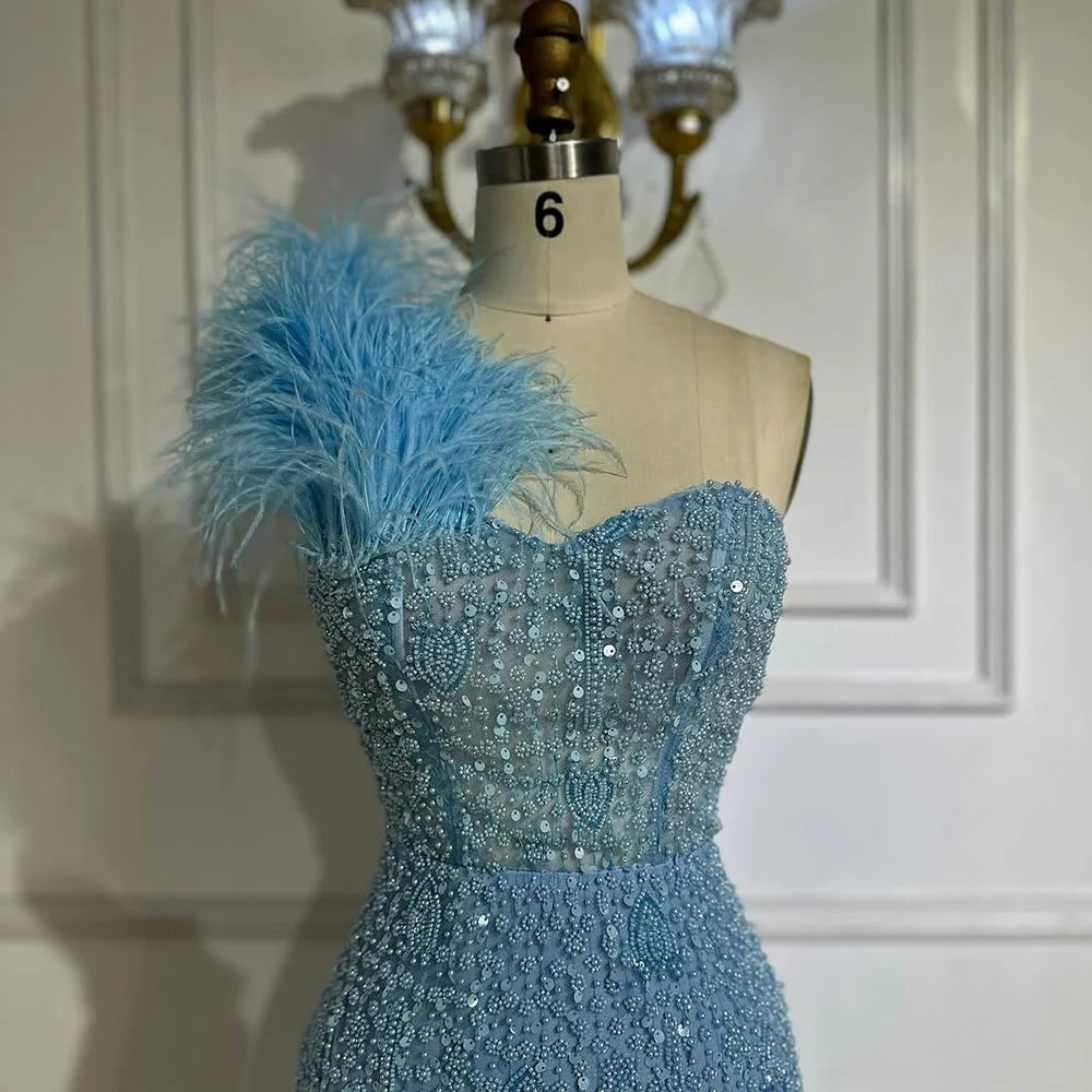 Luxury Dubai Blue Mermaid One Shoulder Beaded Evening Gown High Split and Feathers for Formal Occasion LA72347A - SERENE HILL
