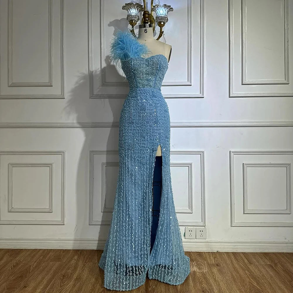 Luxury Dubai Blue Mermaid One Shoulder Beaded Evening Gown High Split and Feathers for Formal Occasion LA72347A - SERENE HILL