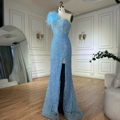 Luxury Dubai Blue Mermaid One Shoulder Beaded Evening Gown High Split and Feathers for Formal Occasion LA72347A - SERENE HILL