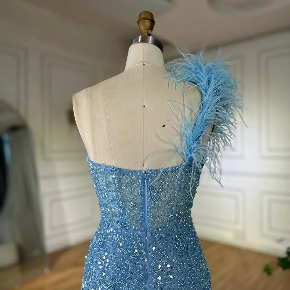Luxury Dubai Blue Mermaid One Shoulder Beaded Evening Gown High Split and Feathers for Formal Occasion LA72347A - SERENE HILL