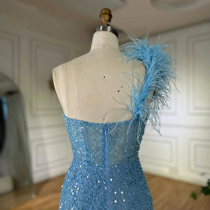 Luxury Dubai Blue Mermaid One Shoulder Beaded Evening Gown High Split and Feathers for Formal Occasion LA72347A - SERENE HILL