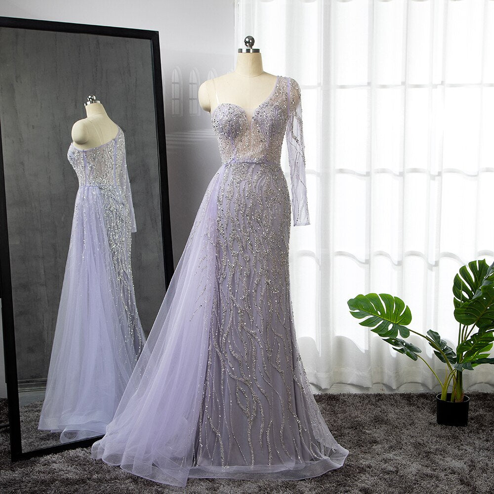 Serene Hill Blue Mermaid Sexy Elegant One Shoulder Evening Dresses Gowns Beaded Luxury 2025 For Women Party LA71629 - SERENE HILL