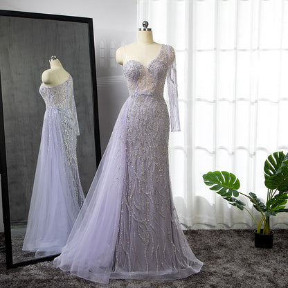 Serene Hill Blue Mermaid Sexy Elegant One Shoulder Evening Dresses Gowns Beaded Luxury 2025 For Women Party LA71629 - SERENE HILL